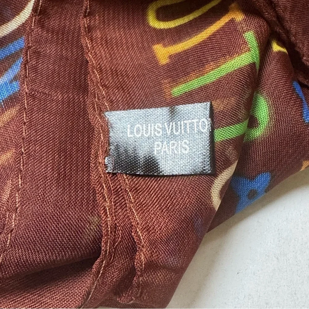 Louis Vuitton Vintage Silk Monogram Multicolor Rectangle Scarf in Brown